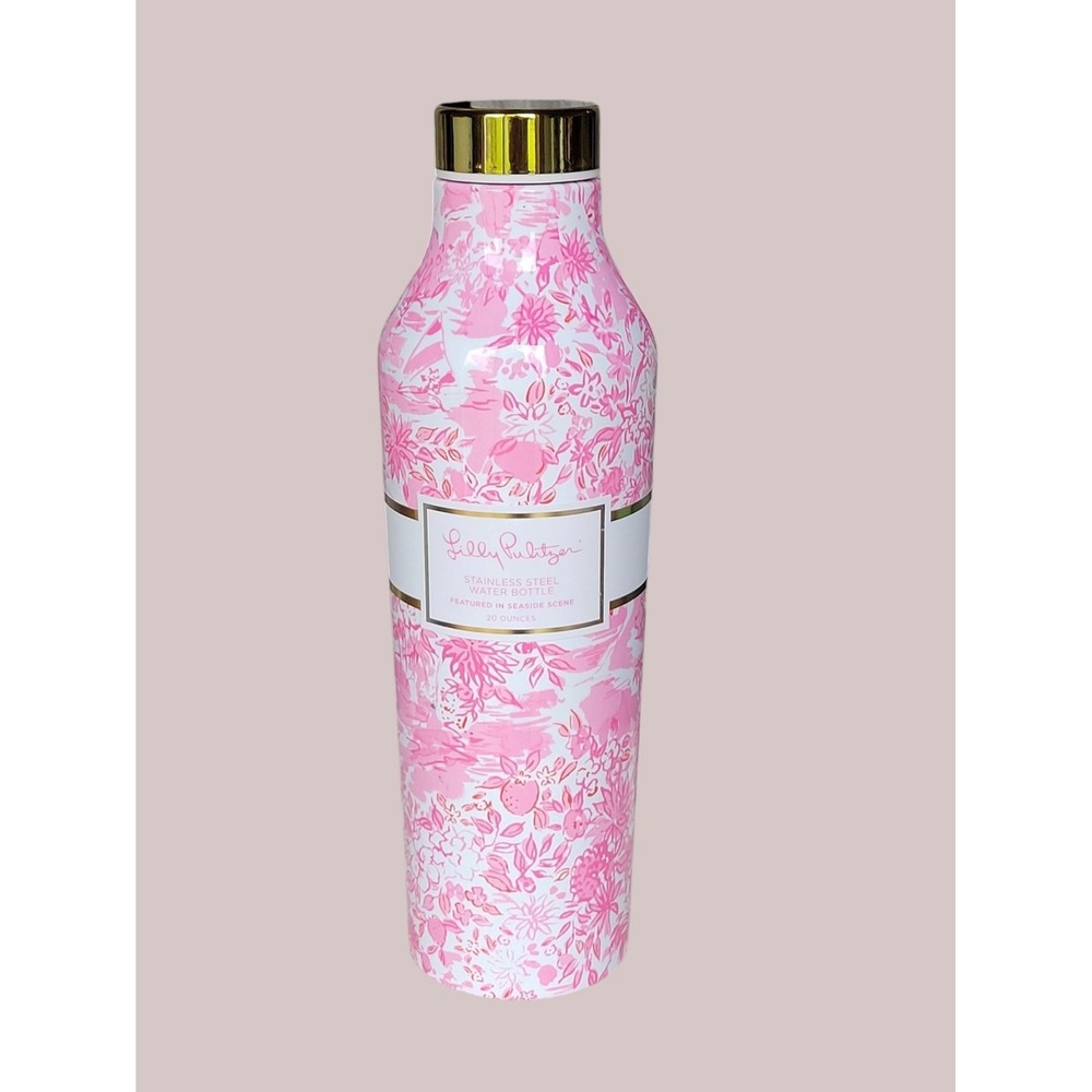 Lilly Pulitzer Seaside Scene Pink Floral Stainless Steel Water Bottle 20oz Gold